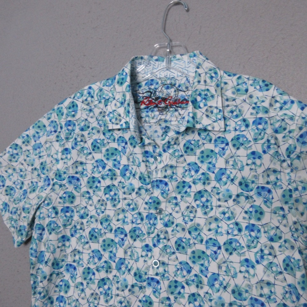 Robert Graham Shirt Men Medium Blue Clarkson Skull All Over Print AOP Short Slv